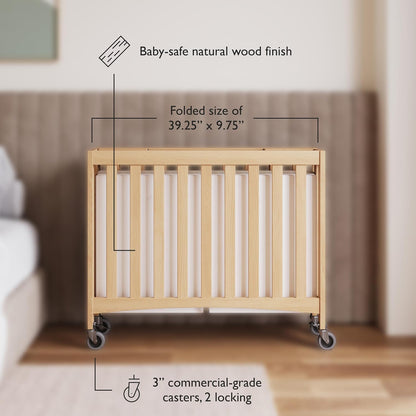 Foundations Travel Sleeper Wood Compact Folding Crib with 2” InfaPure Foam Crib Mattress and Commercial Grade Casters for Hotels, Natural