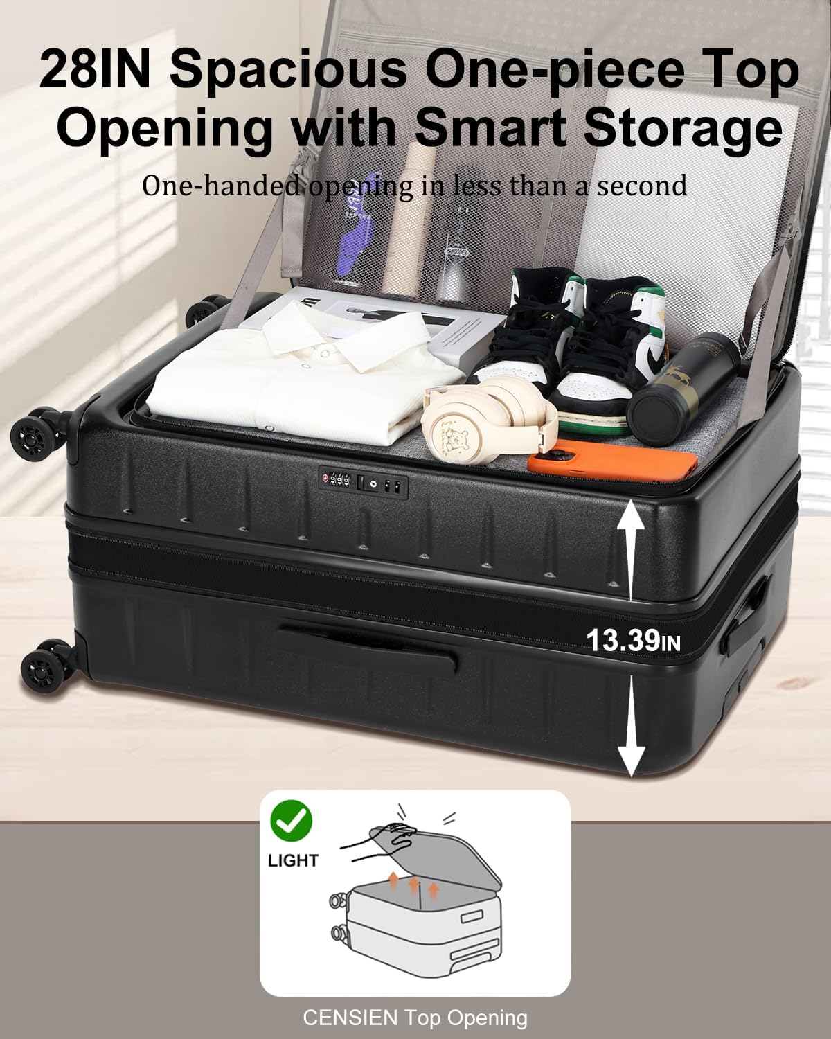 Expandable Checked Luggage, 28 Inch Luggage with Spinner Wheels, Lightweight ABS+PC Hard Shell Large Suitcase with Top Opening, TSA Lock (Black, 1PC)