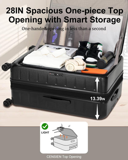 Expandable Checked Luggage, 28 Inch Luggage with Spinner Wheels, Lightweight ABS+PC Hard Shell Large Suitcase with Top Opening, TSA Lock (Black, 1PC)