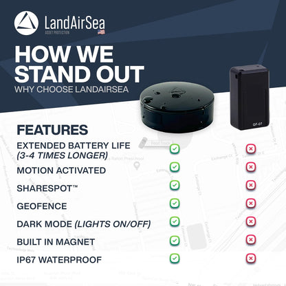LandAirSea Overdrive GPS Tracker — Extended Life Battery, Magnetic, and Waterproof. Commercial GPS Tracker for Vehicles, Trailers, Equipment, and Assets. Real-Time Global Tracking.