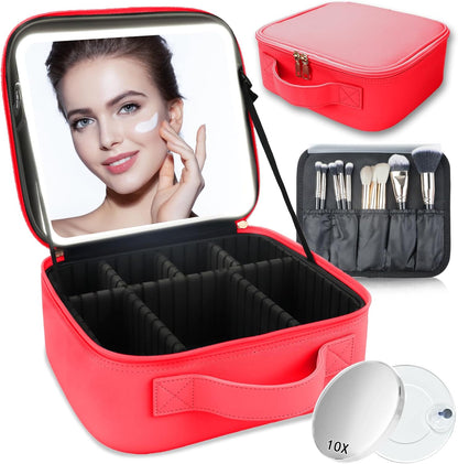 Makeup Bag with Led Mirror,Travel Makeup Organizer with 3 Color Setting & 10X Magnifying Mirror, Portable Storage and Adjustable Dividers Travel Makeup Bag-light red
