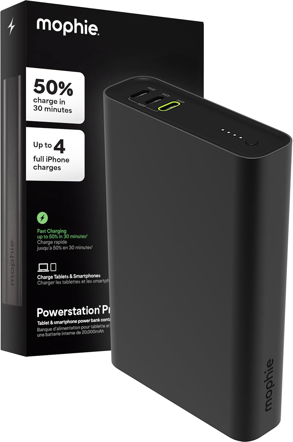 Mophie Powerstation Pro 20,000mAh Power Bank (Gen 3) – Ultra-Fast USB-C PD, 45W Output, Charges 3 Devices, Up to 4 Phone Charges, LED Indicator, Premium Anodized Aluminum Body, Black