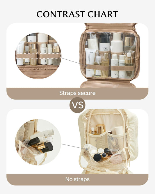 EACHY Hanging Toiletry Bag, Satin 4 Compartments Travel Toiletry Bags for Women, Large Capacity Make Up Organizer Bag with Handle & Compartments (Brown, L)