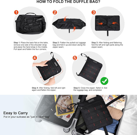 WITZMAN Foldable Duffle Bag for Travel 65L Lightweight Packable Duffel Bag with Shoes Compartment Overnight Bag for Men Women (B697 Black)