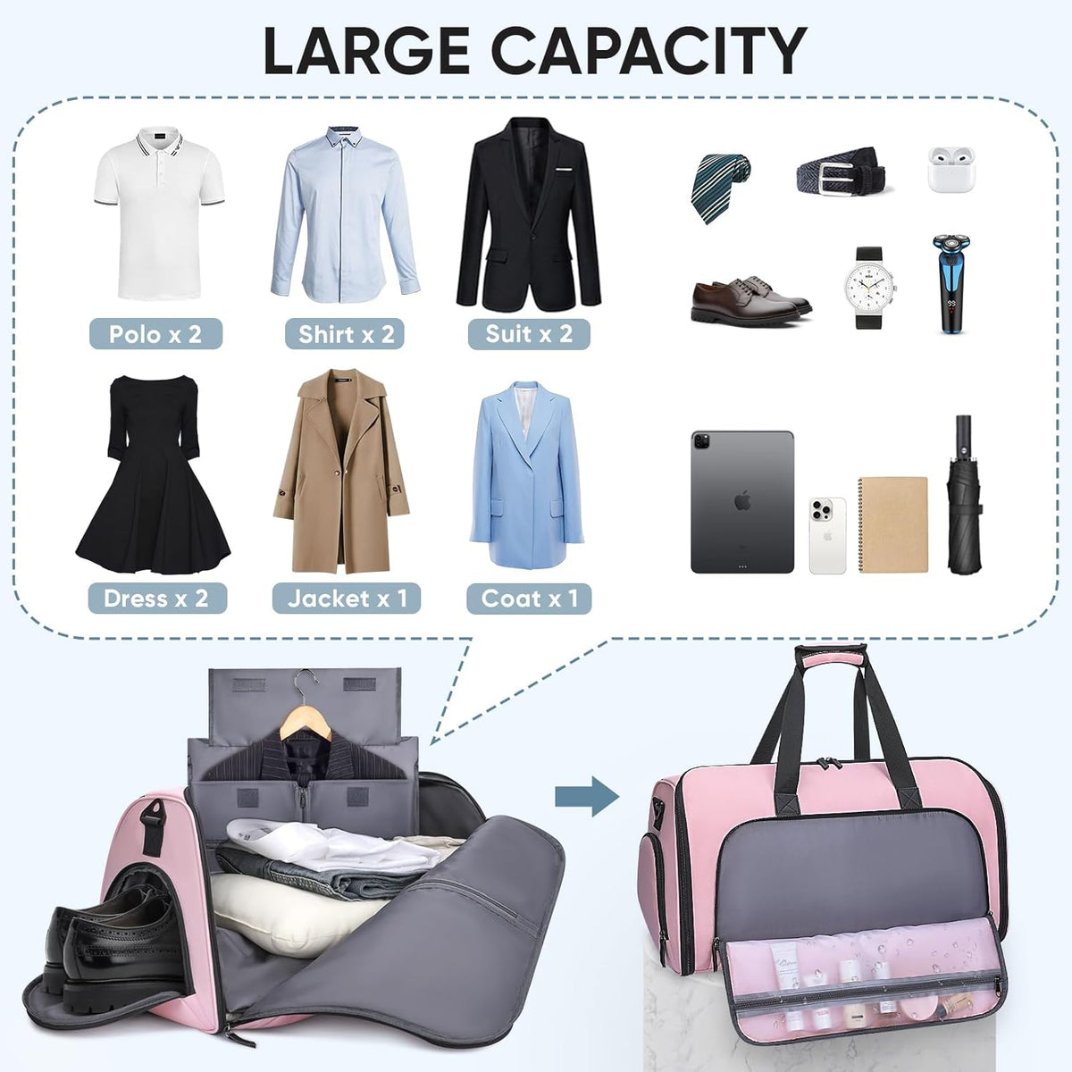BALEINE Convertible Garment Bag with Shoe Compartment, 2 in 1 Carry on Garment Duffle Bags for Travel, Suit Bag for Men Women (Pink)