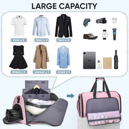 BALEINE Convertible Garment Bag with Shoe Compartment, 2 in 1 Carry on Garment Duffle Bags for Travel, Suit Bag for Men Women (Pink)