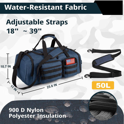 Tactical Gym Bag for Men，50L Large 3 in 1 Sports Duffle Bag with Shoes Compartment for Travel,Water Resistant Travel Backpack Weekender Overnight Bag with Wet Pocket for Women