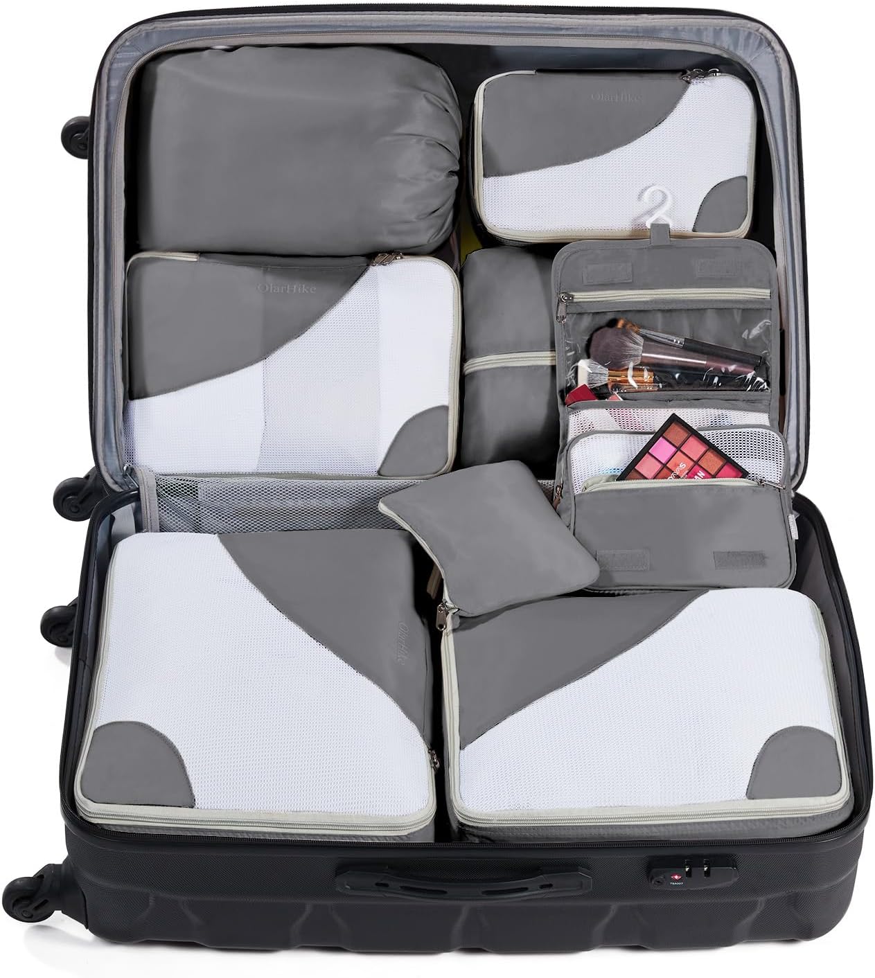 8 Set Packing Cubes for Travel, Gifts for Men,Anti-Tearing Suitcase Organizer for Luggage with Shoe & Hanging Toiletry Bag, OlarHike Vacation Accessories for Cruise, Travel Essentials for Men, Grey