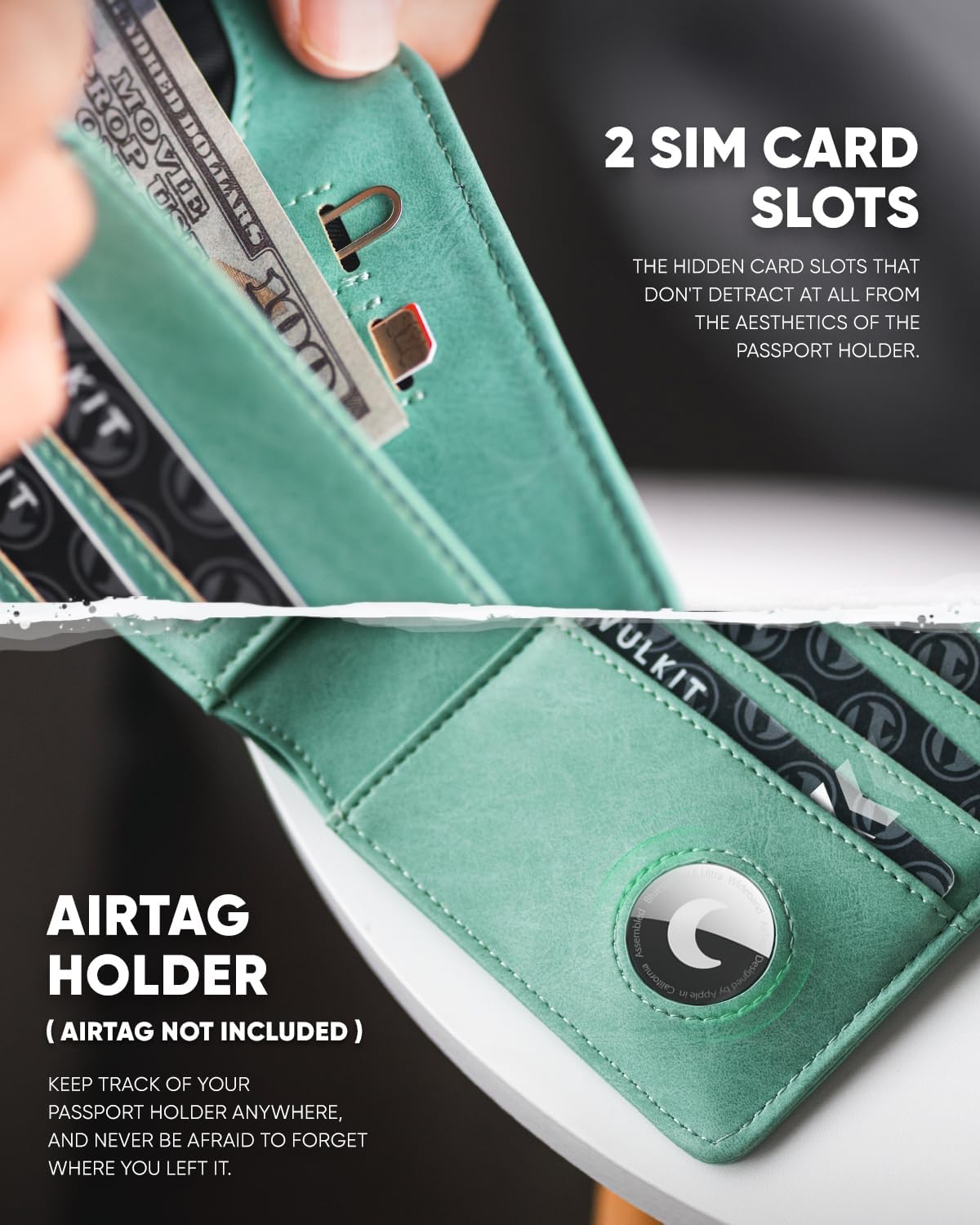 VULKIT Passport Holder with Airtag Holder RFID Blocking Passport Wallet Travel Leather Passport for Women(Mint Green)