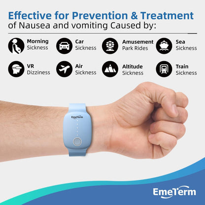 EmeTerm Fashion Anti-Nausea Wristband Relieve Morning Motion Travel Sickness Rechargeable Drug Free Bands Without Side Effects - Extra 2pack Conductive Gel (Blue - Extra 2pack Conductive Gel)