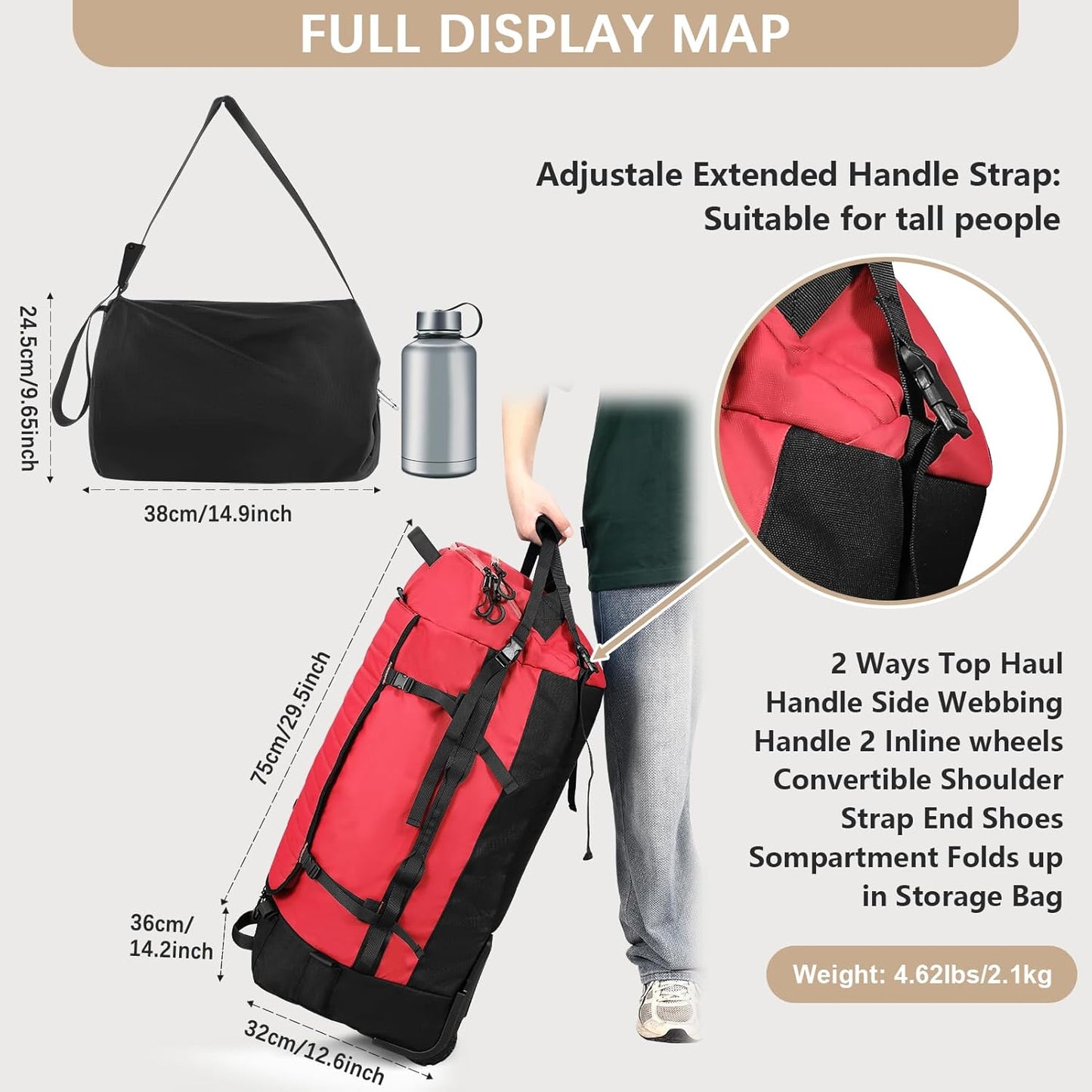 Vomgomfom 86L Collapsible Wheeled Luggage With Removable Backpack Straps,Waterproof Rolling Duffle Bag with Quilted Base,No Telescope Handle,Red