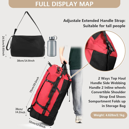 Rolling Duffle Bag with Wheels,86L 30”Folding Duffle Backpack with 2 Wheels,Travel Bag with Separate Shoe Compartment,Red