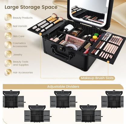 Makeup Case with Magnetic Lighted Mirror Makeup Organizer Box Travel Cosmetic Case with 3 Colors LED Mirror Portable Vanity Make up Suitcase with Lockable Keys Dividers Brush Holder, Black