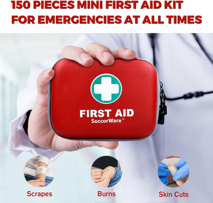 150 Pieces Mini First Aid Kit - Small Medical Kit with Hard Shell - Emergency First Aid Kit for Car, Travel, Home, Outdoor, Office, Camping, Hiking (Red)