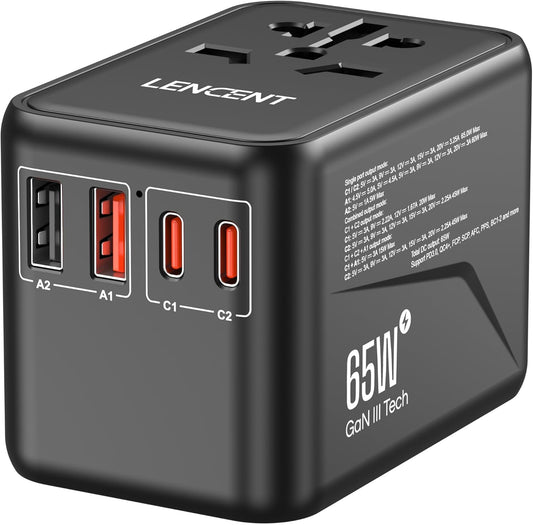 LENCENT Universal Travel Adapter, GaN3 65W International Charger with 2 QC4.0 USB-A+ 2 PD3.0 Type-C PPS Fast Charging, Worldwide European Outlet Adaptor for iPhone,Samsung,Laptops, USA/UK/EU/AUS