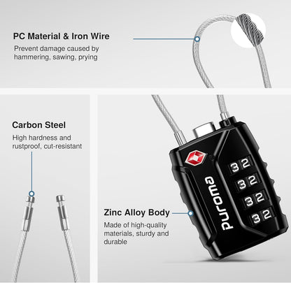 Puroma TSA Approved Luggage Locks, 4 Digit Combination Travel Locks Resettable Code Lock with Zinc Alloy Body for Suitcase, Toolbox, Backpack, Bag, Gym Locker (Black)