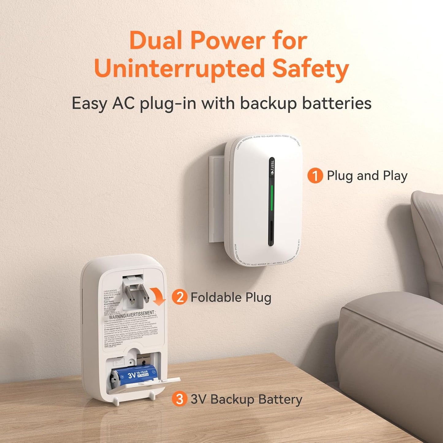 Jemay Plug in Carbon Monoxide Detector,10 Year Battery CO Alarm Detectors with Test-Button & Breathing Light, Portable AC Power CO Monitor Detectors for Home/Hotel, Just Plug & Play, 1 Pack