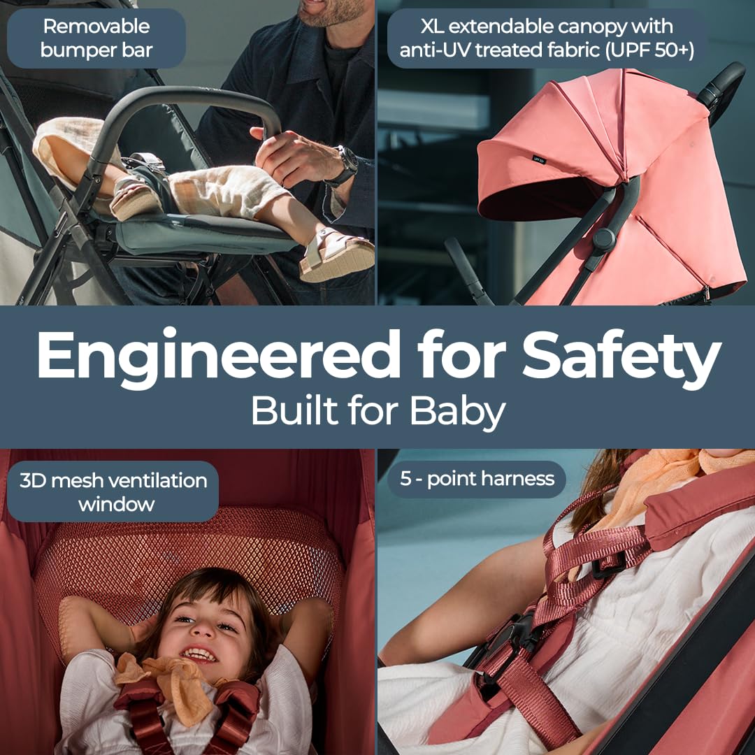 Inglesina Quid³ Stroller, Aurora Pink - Compact Reclining Travel Stroller for Baby & Toddler 0-55 lbs, One Hand fold, Airplane Overhead, Lightweight, Foldable, XL UPF 50+ Canopy