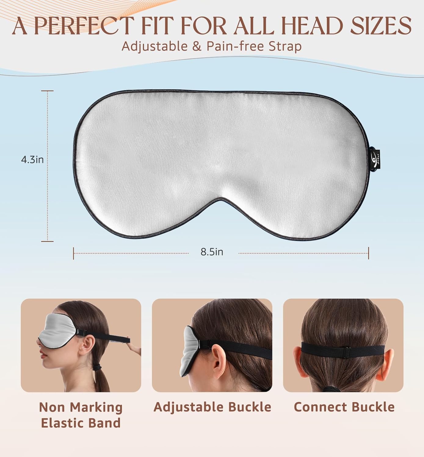 HiRui Silk Sleep Mask, 100% Natural Mulberry Silk of Double-Sided & Inner-Filling, Ultra-Smooth Soft, Adjustable Strap, Blocks Light for Night Sleeping, Travel, Office Naps (Gray)