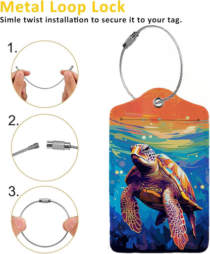 Colorful Wild Sea Turtle Luggage Tag Personalized Luggage Tags for Suitcases,Leather Bag Tags for Backpacks Handbag with Name ID Label Travel Essentials Baggage Tags 2 Pack