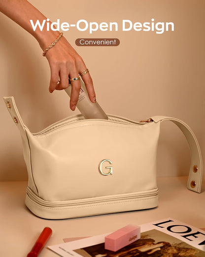 Personalized Makeup Bags， Personalized Bags with Handle, Waterproof Double Layer Cosmetic Bag, Large Capacity PU Leather Makeup Bags Letter Travel Toiletry Bag with Makeup Brush Organizer