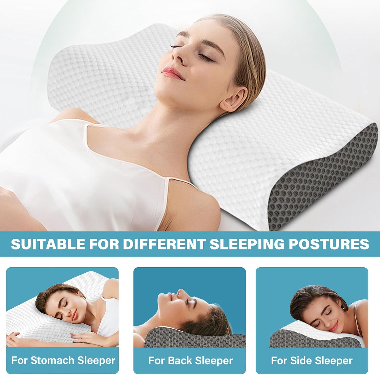 Cooling Pillows Queen Size Set of 2, Memory Foam Bed Pillows for Sleeping, Ergonomic Cervical Pillow for Neck and Shoulder Pain Relief, with Pillowcase（Grey）