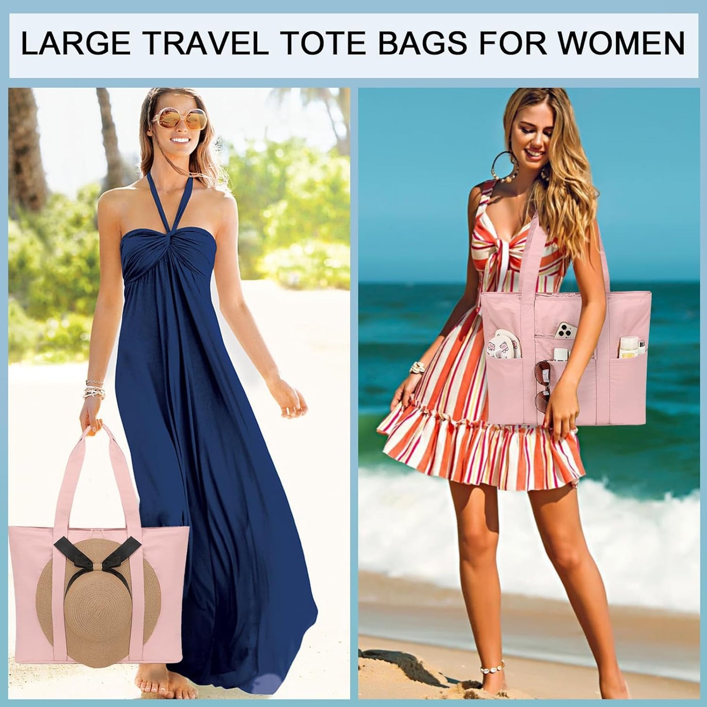 LEDAOU Beach Bags for Women, Beach Bags Waterproof Sandproof, Packable Beach Tote Bag with Zipper Travel Sports