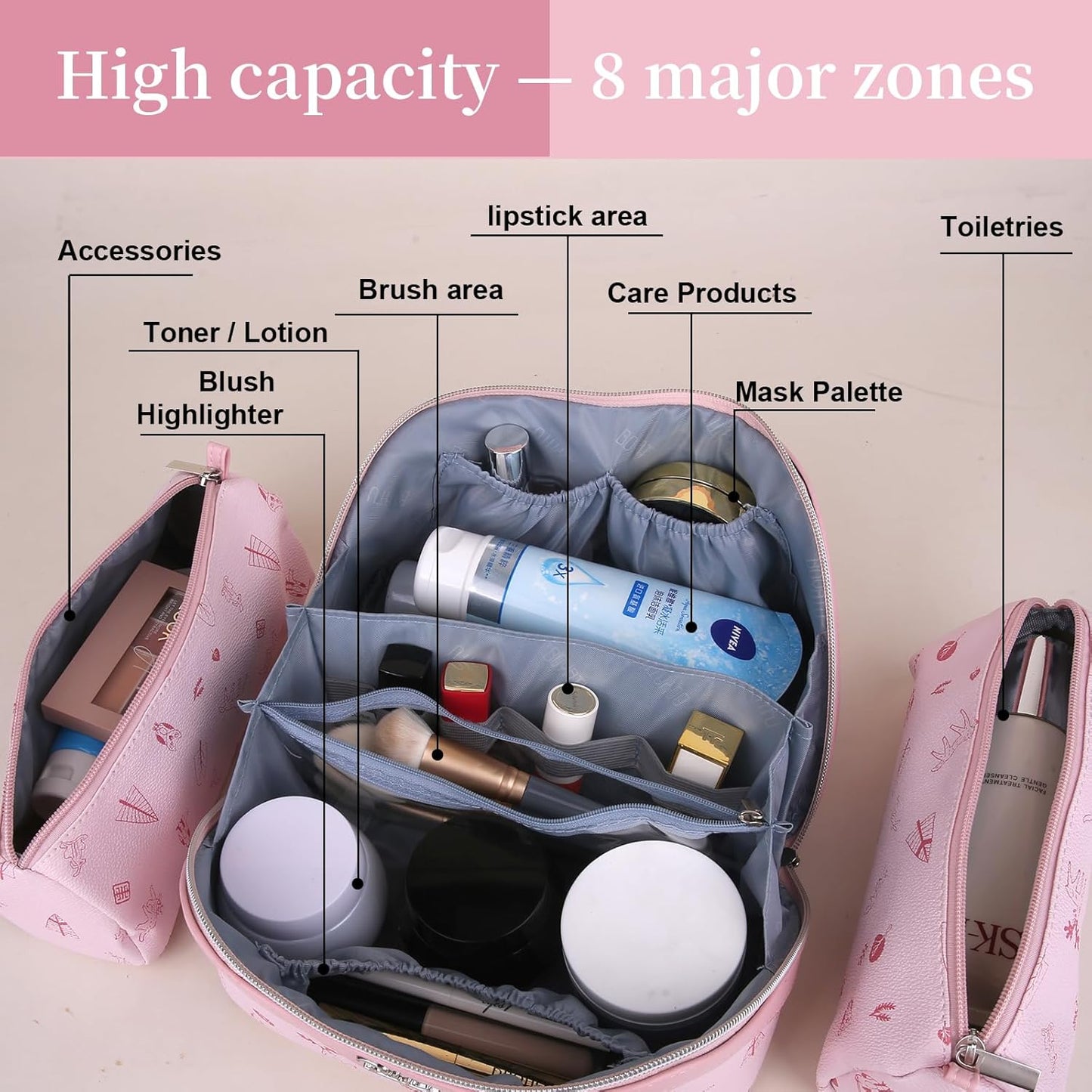 BOYATU Travel Makeup Bag Cosmetic Bags for Women: 3 Pcs Set Portable Make up Bag with Handle - Vegan Leather Toiletry Bags with Compartments - Makeup Organizer for Travel Essentials(04-Pink)