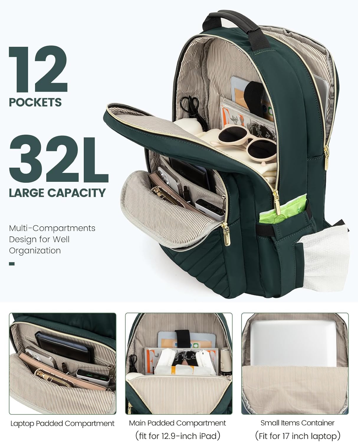 LOVEVOOK Laptop Backpack for Women, Large Capacity Travel Computer Work Bag with 17-inch Laptop Compartment, Business Nurse Backpack Purse, Hiking Outdoor Carry On Backpack, Deepgreen