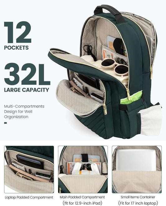 LOVEVOOK Laptop Backpack for Women, Large Capacity Travel Computer Work Bag with 17-inch Laptop Compartment, Business Nurse Backpack Purse, Hiking Outdoor Carry On Backpack, Deepgreen