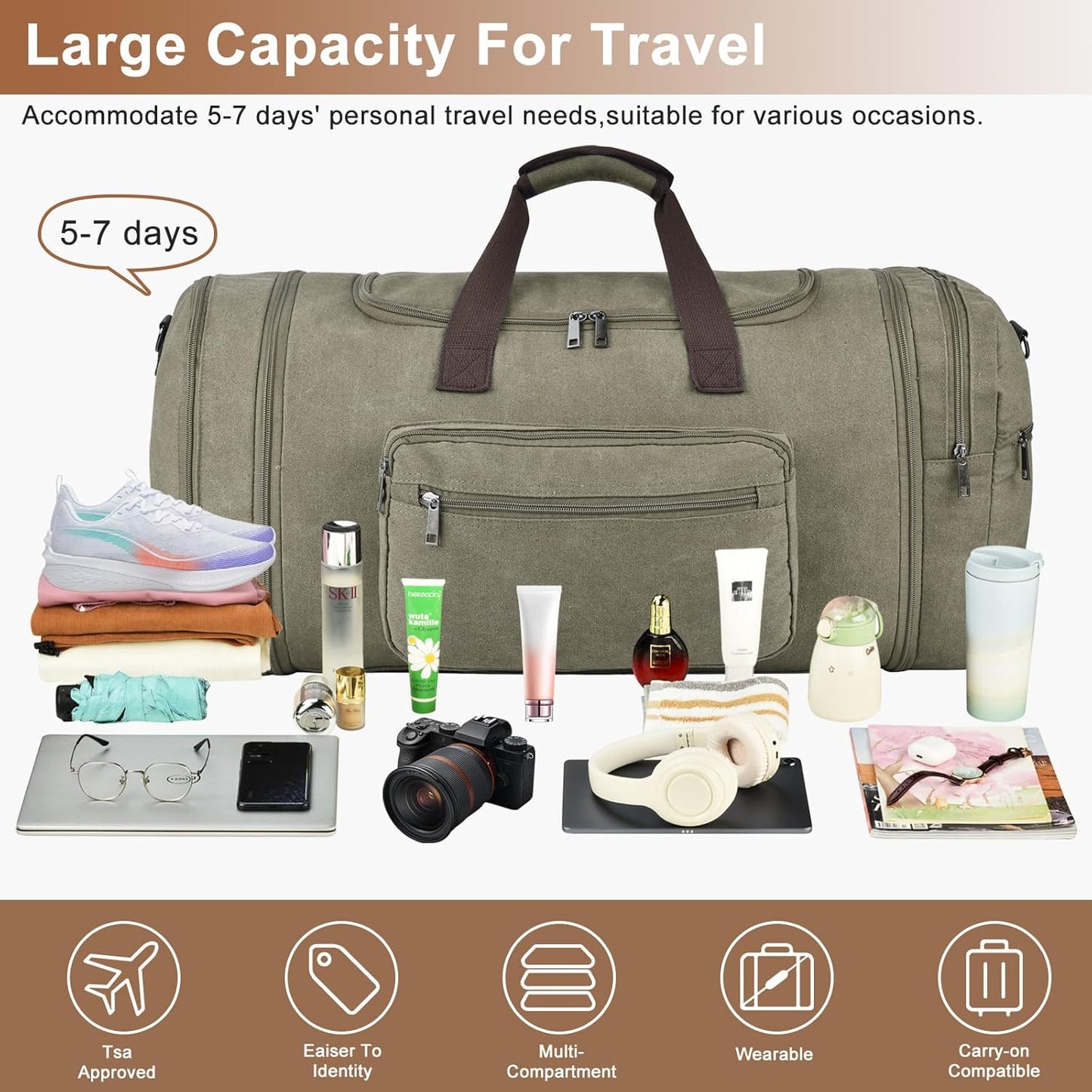 Felipe Varela 60L Duffle Bag for Men, Large Expandable Canvas Duffel Bag for Travel, Mens Carry On Luggage Bag Traveling Weekender Gym Overnight Bags for Airplanes, Green