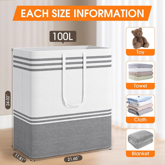 2 Pack Large Home Laundry Basket, Laundry Hamper, Freestanding Waterproof Dirty Clothes Bag, Tall Clothes Hamper - Extended & Reinforced Handles for College Dorm, Family (Light Grey/100L)