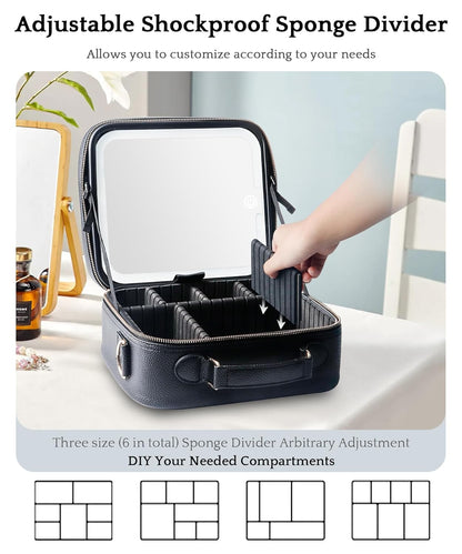 MOMIRA Travel Makeup Bag Cosmetic Bag with Lighted Mirror, Adjustable Brightness in 3 Color Scenarios/Detachable makeup mirror, All-round Upgrade, Waterproof, Gift for Women -Black