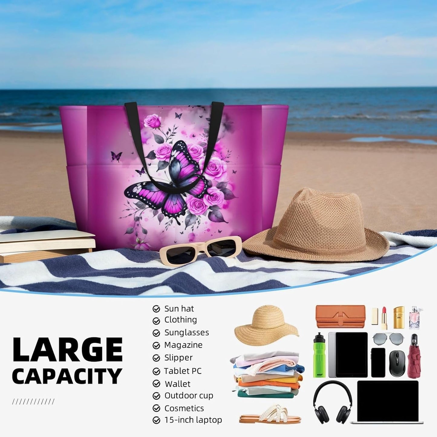 Beach Bag for Women Beach Tote Bag Waterproof Sandproof Large Bags with Zipper Big Capacity for Vacation Travel