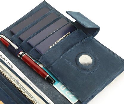 CONTACTS Full Grain Leather Family Passport Holder for 4 Airtag Passport Wallet RFID Blocking Travel Passport Cover with 4 Passport Slot, 6 Card Slot (Blue)