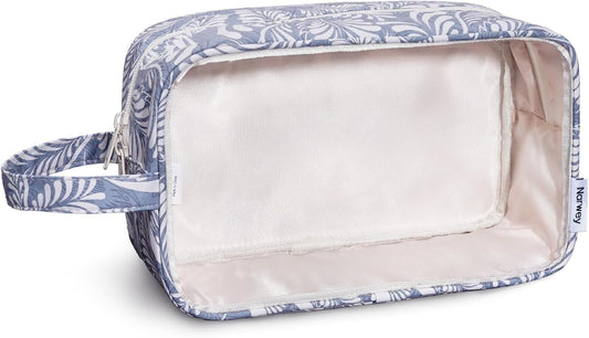 Narwey Clear Toiletry Bags for Traveling Women Men, Clear Travel Bags for Toiletries Makeup Bag Cosmetic Bag with Zipper, Make Up Organizer, Skincare Bag (Blue Leaf)