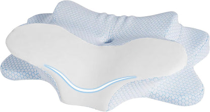 Cervical Neck Pillow - Memory Foam Pillow for Pain Relief Sleeping, Ergonomic Neck Support Contour Pillows for Side Back Stomach Sleepers,Orthopedic Breathable Pillowcase (Blue White)