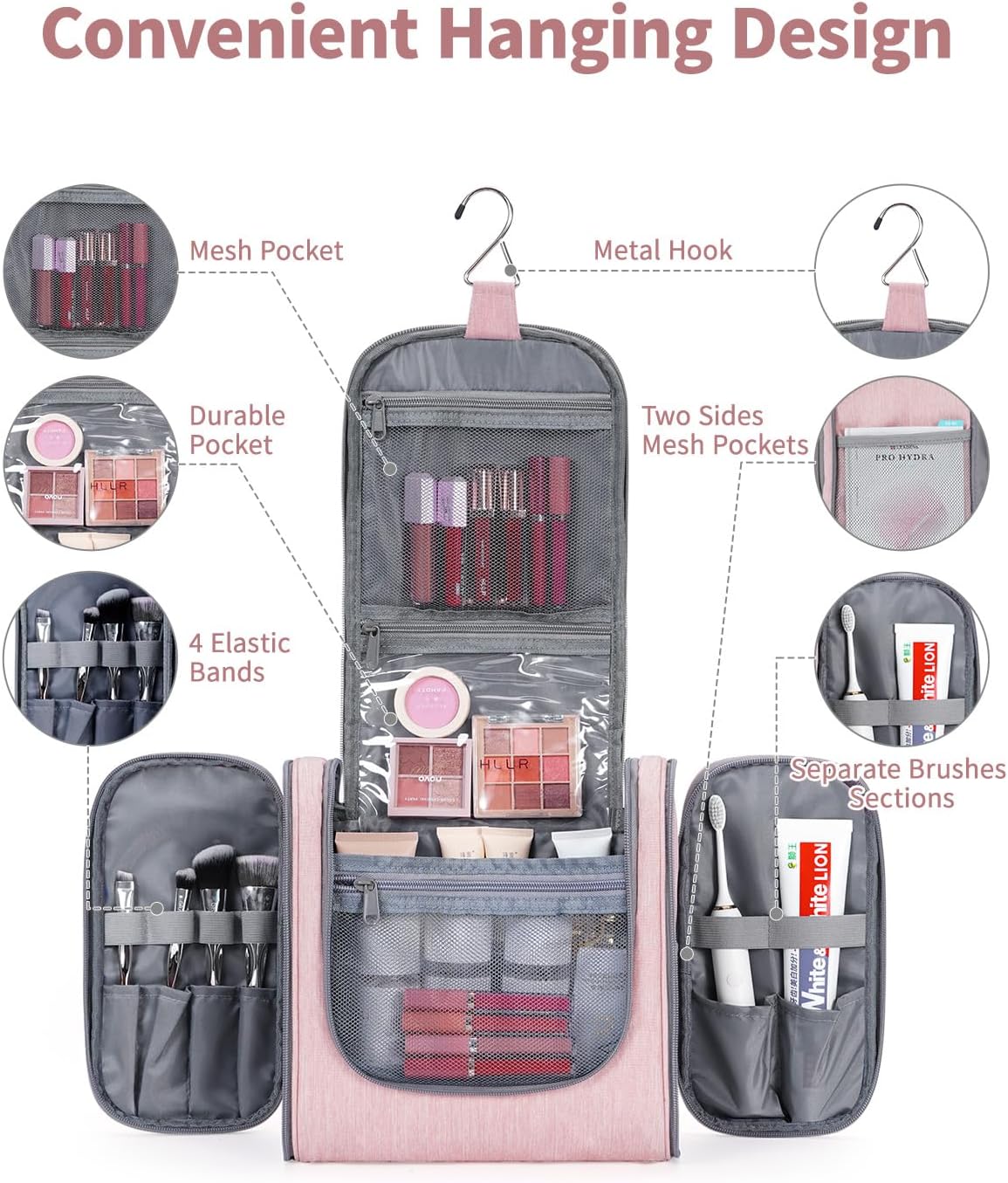 Narwey Hanging Toiletry Bag for Women Travel Makeup Bag Organizer Toiletries Bag for Cosmetics Essentials Accessories(Large, Pink)