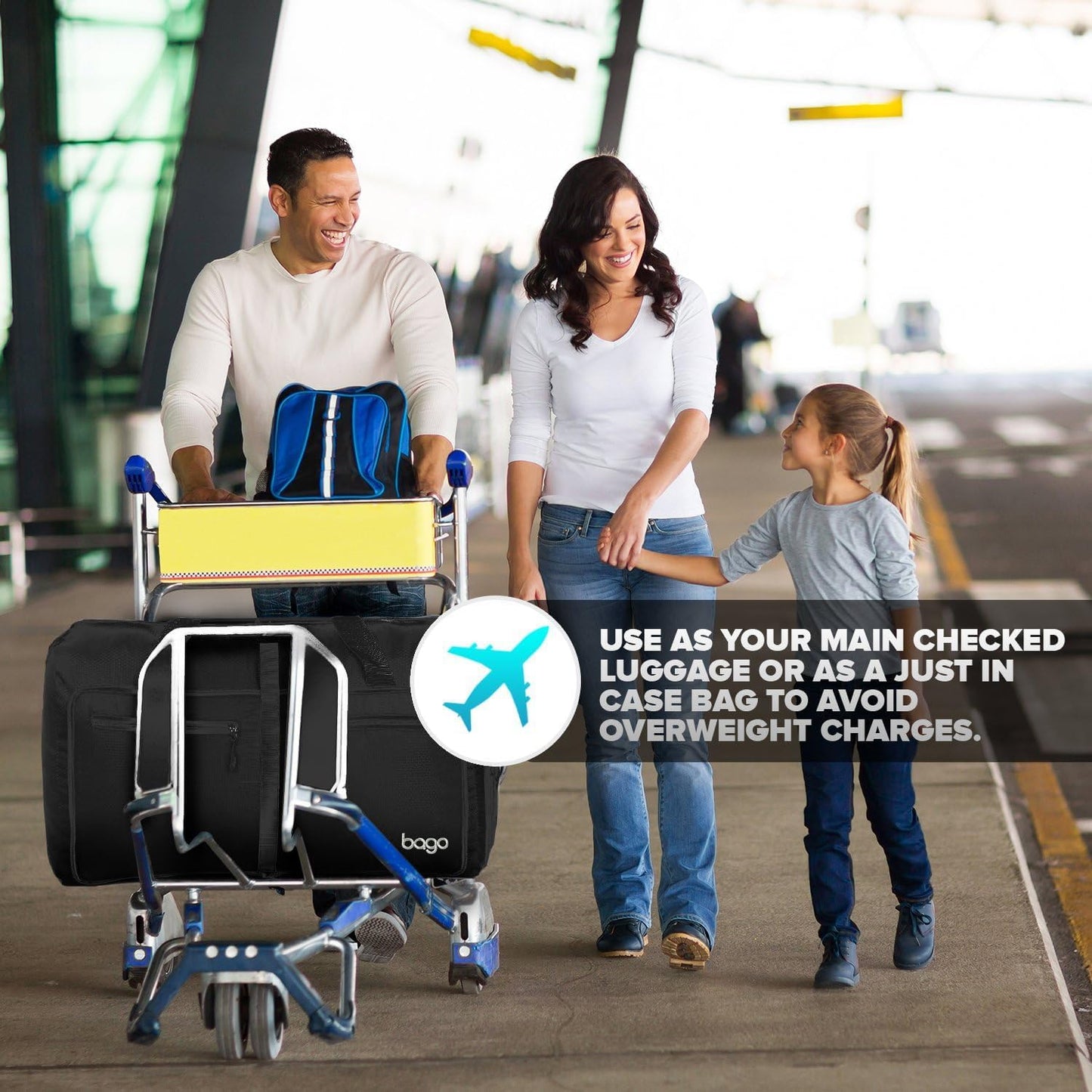 Bago Foldable Duffel Bags for Traveling Women & Men - 60L Medium Packable Duffle Bag for Travel with Shoe Compartment - Water Repellant, Heavy Duty, Lightweight Folding & Collapsible (All Black)