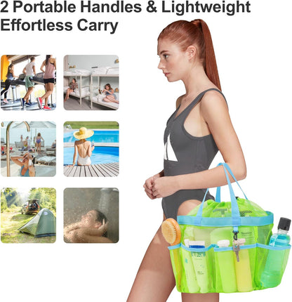 F-color Mesh Shower Caddy Portable with Drawstring - Upgrade Deeper 7 Pockets Dorm Room Essentials for Guys Girls with S Hook, Shower Bag Basket Tote for College Camping Toiletry Bathroom, Green