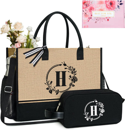 TOPDesign Personalized Initial Canvas Tote Bag, for Wedding, Birthday, Beach, Perfect Gifts for Women, Mom, Teachers, Friends