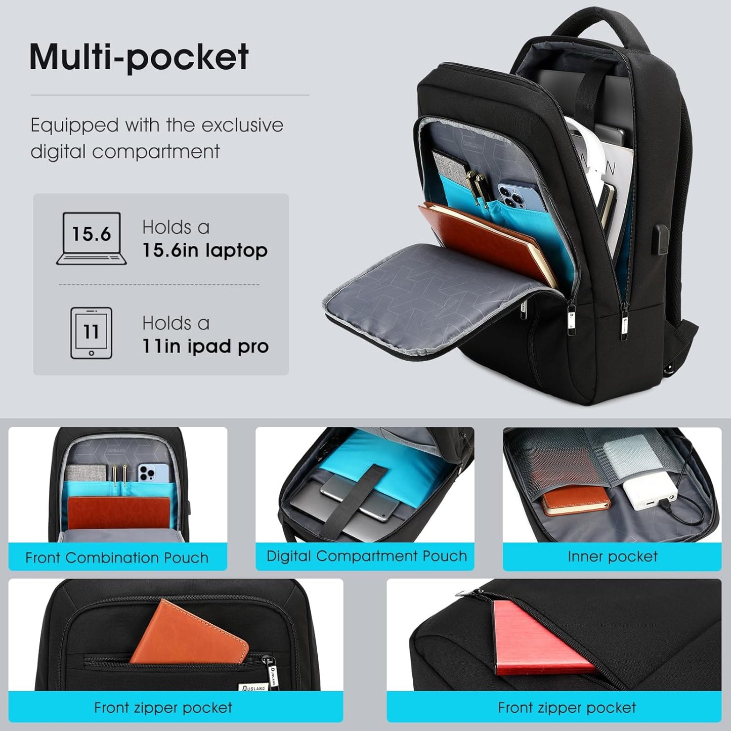 DUSLANG 15.6 Inch Laptop Backpack for Travel Water Resistant College Book bag for Men Women Laptop Bag with USB Charging Port Business Backpack,Black