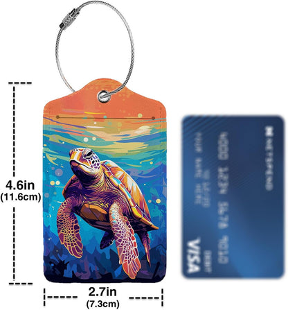 Colorful Wild Sea Turtle Luggage Tag Personalized Luggage Tags for Suitcases,Leather Bag Tags for Backpacks Handbag with Name ID Label Travel Essentials Baggage Tags 2 Pack