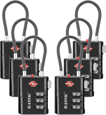 ANVIL TSA Approved Luggage Locks – High Security TSA008 Combination Travel Locks with Inspection Indicator for Suitcases and Backpacks. (6, Black)