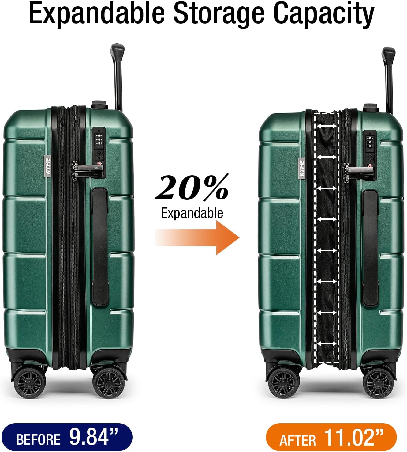 KYME Green Carry On Luggage 22x14x9 Airline Approved Expandable 20 Inch Hardshell Carry On Suitcase with Wheels TSA Lock Small Travel Rolling Luggage with Cup Holder for Men Women