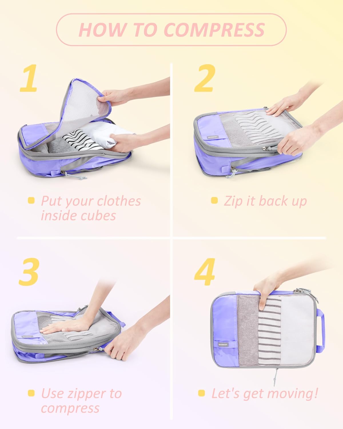 BAGSMART 6 Set Compression Packing Cubes - Lightweight Travel Essentials, Durable Luggage Organizer