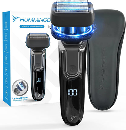 HUMMINGBIRD MK7 Premium Foil Face Shaver, Four Blade Foil Shaver with Long Hair Leveler, Electric Razor for Men, Waterproof Wet & Dry Shave, Cordless USB-C Rechargeable, LED Display, Travel Case
