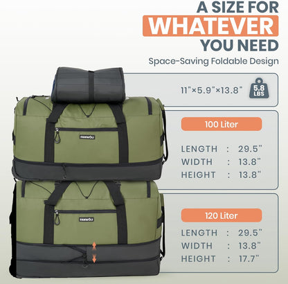 Fanwoli 30'' Rolling Duffel Bag with 2 Wheels - No-Sag Design for Heavy Loads, Expandable 100L-120L Waterproof Luggage, Foldable Lightweight Design with Muti Straps & Lock for Travel