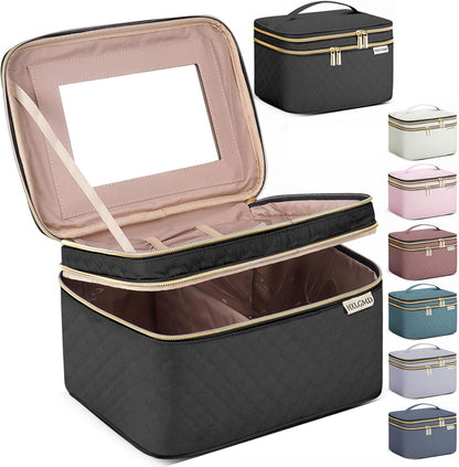 Large Makeup Bag with Mirror Double Layer Travel Make Up Organizer Case, Large Capacity Coemetic Bag with Brush Slot Divider