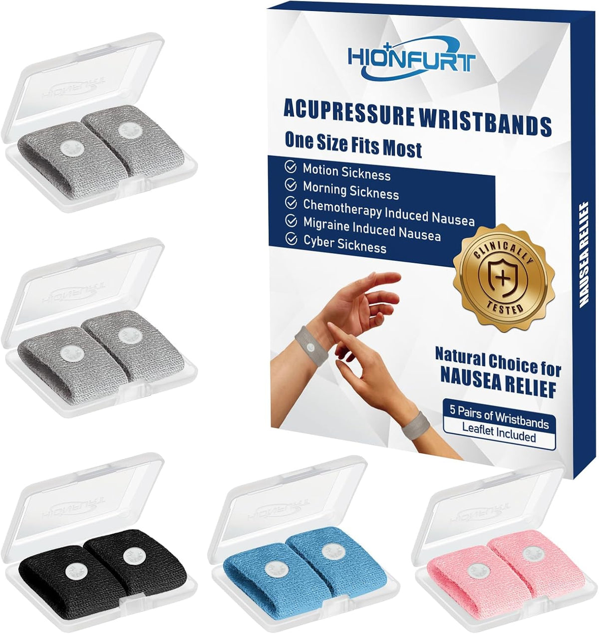Motion Sickness Bands Anti Nausea Wristband for Adult and Kids Morning Sickness Relief for Pregnancy Acupressure Nausea Relief for Car, Sea, Air Sickness-5 Pairs Grey, Grey, Black, Blue, Pink